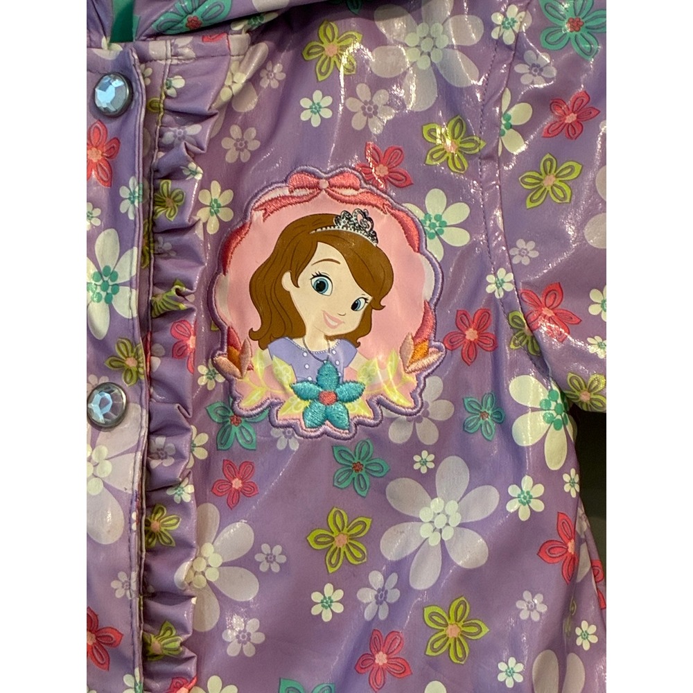 Disney Store Sofia the First Girls Purple Floral Hooded Raincoat Jacket Size 5/6 - Picture 2 of 6